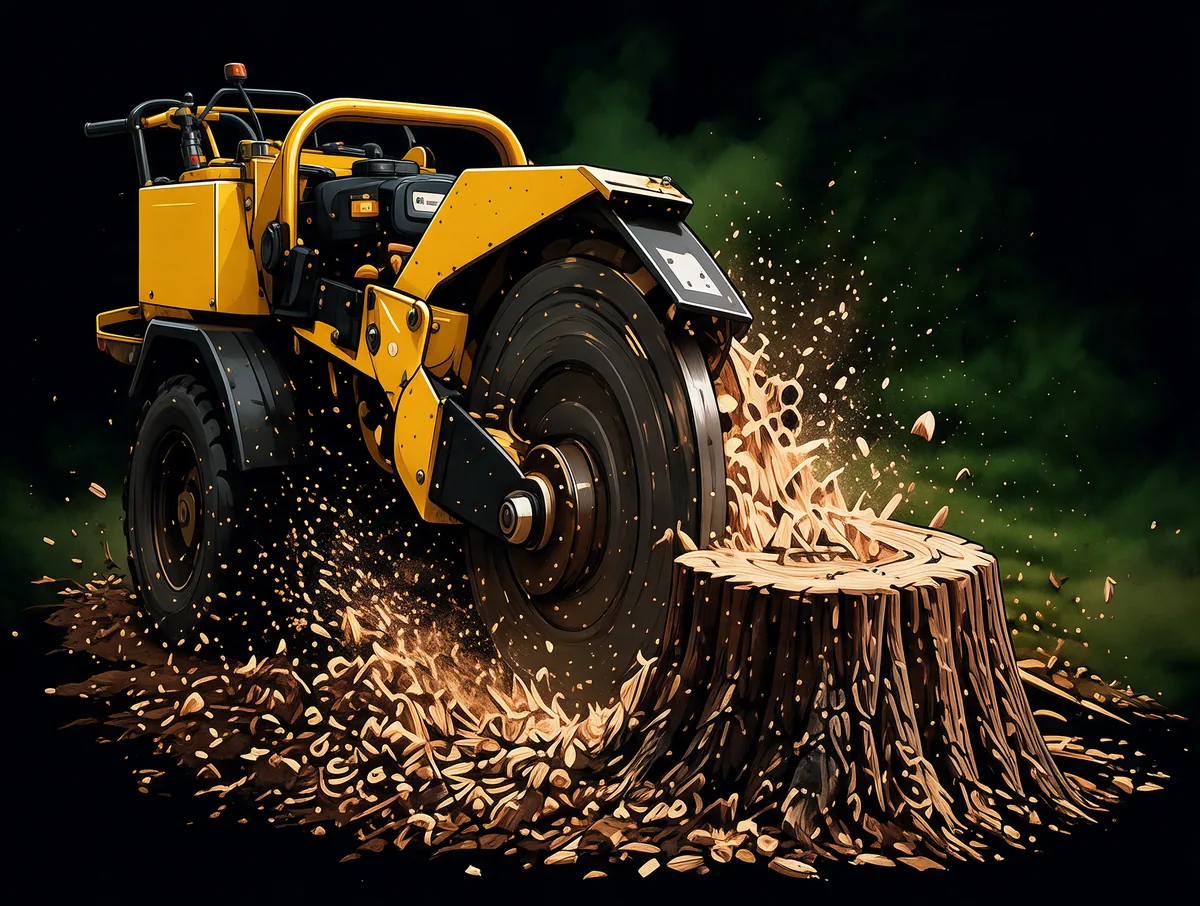 Illustration of a yellow walk-behind stump grinder cutting into a tree stump, wood chips spraying