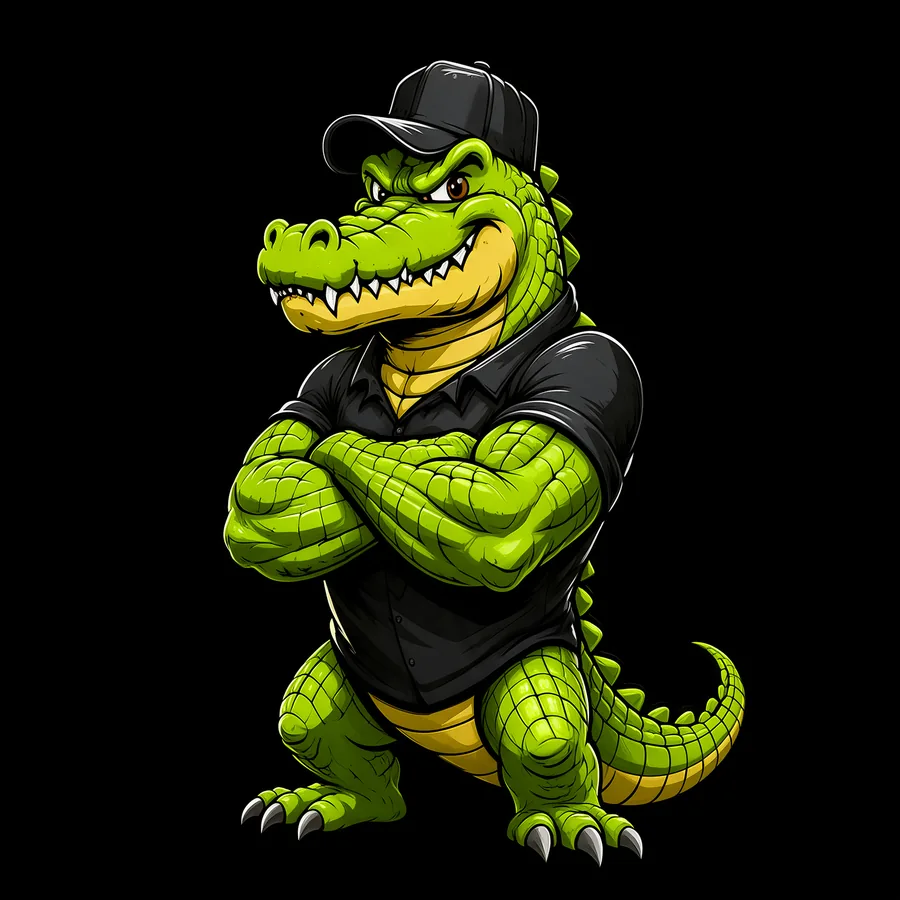 Gone Stumpin mascot illustration: an alligator in a black cap and work shirt, arms crossed